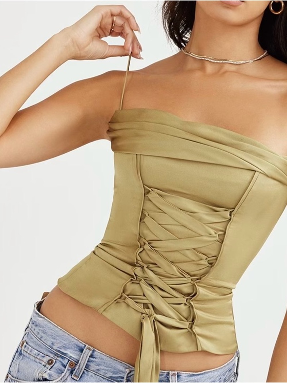 House of CB Olive Green Strapless Lace-Up Corset Top